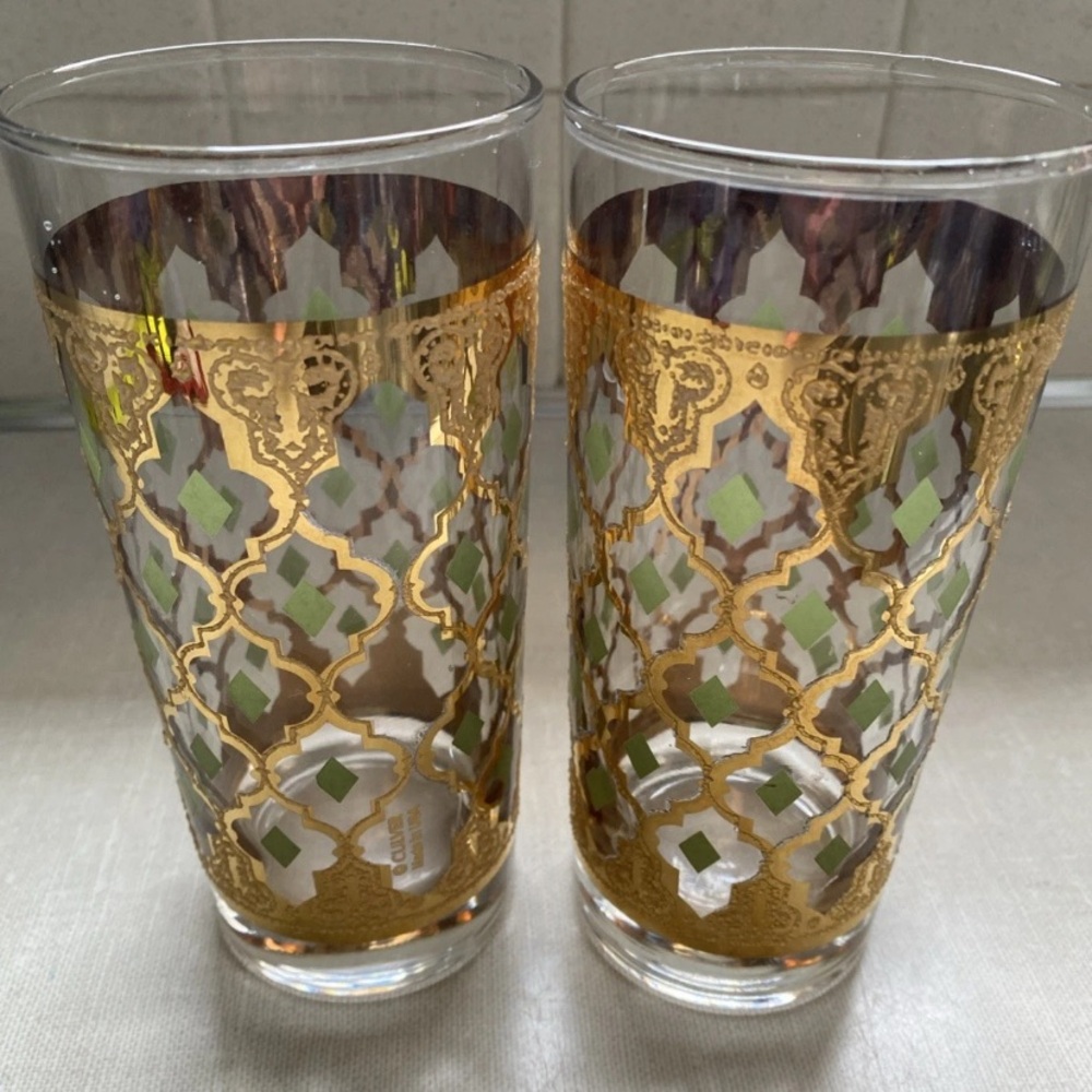 Vintage CULVER VALENCIA 22k Gold Green‎ Highball GLASSES  Set Of 2